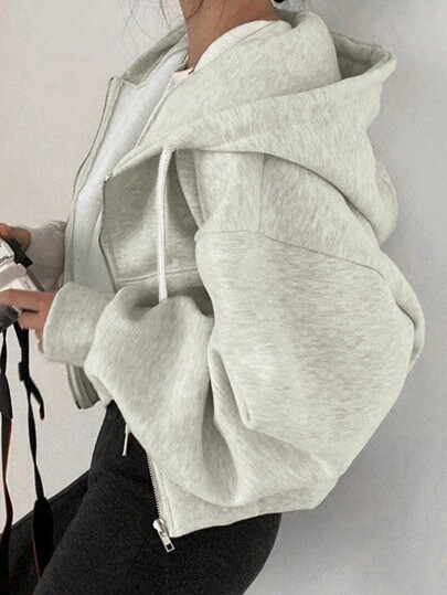 Women's Solid Color Hooded Zipper Front Sweatshirt,Long Sleeve Tops