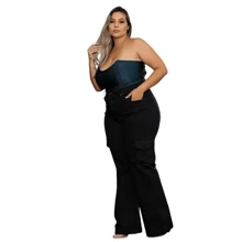 Women's Wide Leg Black Jeans With Pocket Cargo Plus Size - 黑色 - 查看 1