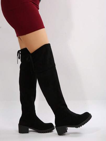 Women's Wide Width Black Fashion Chunky Heel Over-The-Knee Boots, Classic Versatile Outdoor Sock Boots, Stylish Alluring Over-The-Knee Boots. The Shoes Are Designed With A More Spacious Fit, Prioritizing Comfort Without Compromising Style, Providing A Better Foot Comfort Experience. The Material Has Been Greatly Upgraded.