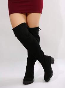 Women's Wide Width Black Fashion Chunky Heel Over-The-Knee Boots, Classic Versatile Outdoor Sock Boots, Stylish Alluring Over-The-Knee Boots. The Shoes Are Designed With A More Spacious Fit, Prioritizing Comfort Without Compromising Style, Providing A Better Foot Comfort Experience. The Material Has Been Greatly Upgraded.
