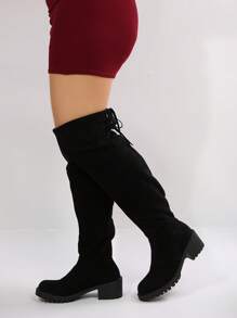 Women's Wide Width Black Fashion Chunky Heel Over-The-Knee Boots, Classic Versatile Outdoor Sock Boots, Stylish Alluring Over-The-Knee Boots. The Shoes Are Designed With A More Spacious Fit, Prioritizing Comfort Without Compromising Style, Providing A Better Foot Comfort Experience. The Material Has Been Greatly Upgraded.
