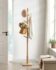VASAGLE Attaccapanni, Appendiabiti da Terra in Legno, 8 Ganci, 3 Altezze, per Cappotti Cappelli Borse, per Ingresso, Ganci e Palo in Legno di Gomma, Beige Naturale, Regalo Natale - Cachi - Visualizzare 2