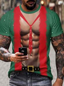 Men's Christmas Themed Graphic Print Short Sleeve T-Shirt, Fun Design - Green - View 1