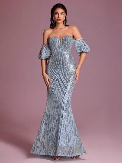 YISIKADO Women Sequin Mermaid Hem Ball Gown Off Shoulder Puff Sleeve Luxury Banquet Prom Party Dress Long Dress Slim Fit Wedding Guest Birthday Dinner Graduation