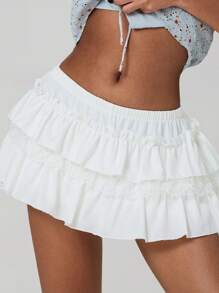 Women Y2k Lace Ruffle Bloomer Skirt Frill Tiered Solid Color Short Skirts Cute Layered Flowy A Line Mini Low Waist Short Skirt - 白色 - 查看 3