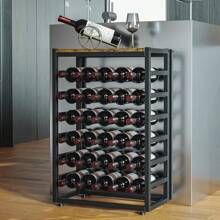 Boden-Weinregal für 30 Flaschen mit Holzplatte, freistehendes Weinflaschen-Organizer-Regal mit 6 Ebenen, stabiler Flaschenständer aus Metall für die Speisekammer in der Küche (L 59 x B 30 x H 88 cm)