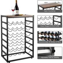 Boden-Weinregal für 30 Flaschen mit Holzplatte, freistehendes Weinflaschen-Organizer-Regal mit 6 Ebenen, stabiler Flaschenständer aus Metall für die Speisekammer in der Küche (L 59 x B 30 x H 88 cm)