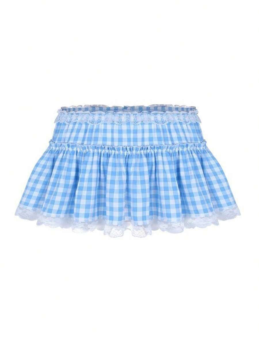 Women Gingham Plaid Miniskirt, Adults Sexy Lace Trim Princess Pleating Skirt Pink, Blue - Màu xanh lam - Xem 1