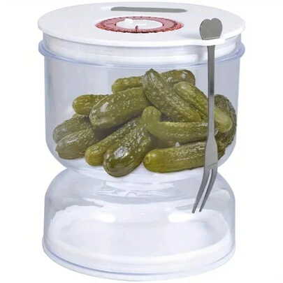 1pc 6.76 Oz Pickle Container With Strainer Lid And Stainless Steel Fork, Leak-Proof Sealed Pickle Storage Container With Airlock Flipping Lid, Reusable Round Food Can