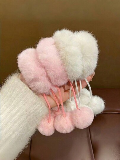 1pc/2pcs Sweet Cute White Tassel Furry Scrunchies, Double Buns Ponytail Hair Ties, Ins Style Fluffy Hair Accessories, Winter Hair Decor,Hair Elastics,Hair Rope, Hair Bobbles