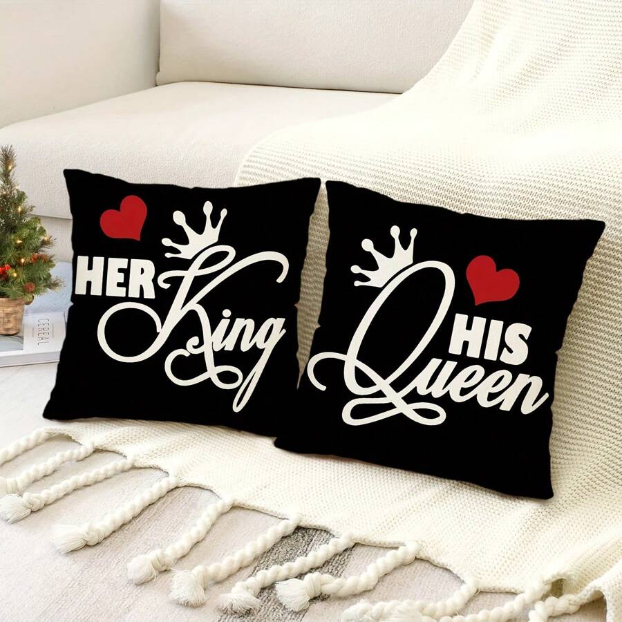 2 vỏ gối chữ ngày lễ tình nhân, vỏ gối hình vương miện trái tim "HIS Queen HER King", vỏ gối nhung đào tối giản hiện đại có khóa kéo ẩn in một mặt, không có ruột gối, ngày lễ tình nhân, đám cưới, kỷ niệm ngày cưới của các cặp đôi, trang trí nhà cửa, trang trí văn phòng, trang trí phòng khách, trang trí ghế sofa (không có ruột gối) - Nhiều màu - Xem 1