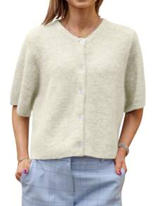 Women's Solid Color Cardigan Short Sleeve Round Neck Button Down Sweater Knit Tops - White - View 1