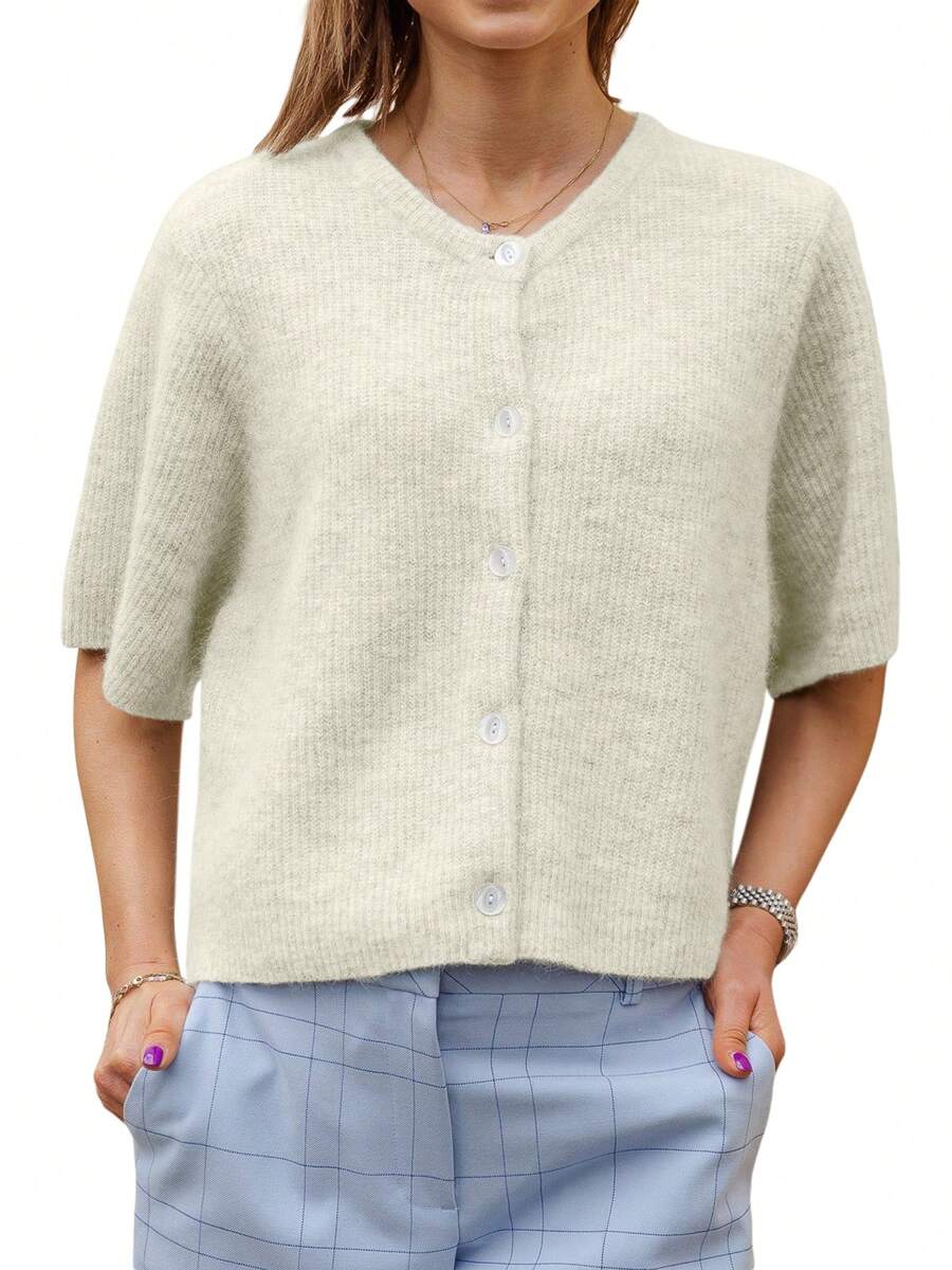 Women's Solid Color Cardigan Short Sleeve Round Neck Button Down Sweater Knit Tops - White - View 1