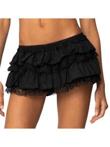 Women Y2k Lace Ruffle Bloomer Skirt Frill Tiered Solid Color Short Skirts Cute Layered Flowy A Line Mini Low Waist Short Skirt - màu đen - Xem 2