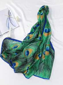 FADZOYLE 1 件 180*90 厘米时尚优雅女士围巾，柔软绿色孔雀羽毛印花头巾披肩，防晒旅行雪纺围巾 - 綠色 - 查看 6