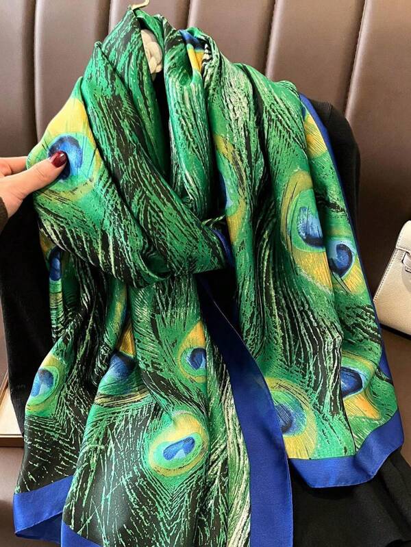 FADZOYLE 1 件 180*90 厘米时尚优雅女士围巾，柔软绿色孔雀羽毛印花头巾披肩，防晒旅行雪纺围巾