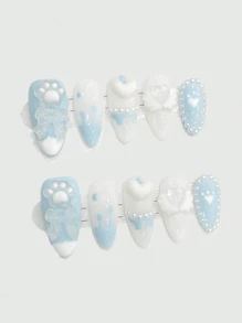 10 Long Almond Nails Valentines Nails , Romantic Nail Art, Pure Desire Gentle Fairy Artistic Nail Design, Press On Nails DIY Fake Nails French Tip Nails Blue Nails Nail Art White Cat Paw Prints, Heart And Wings, Bow Accessories,Reusable Nail Supplies For Girls, Ladies In Wedding, Party, Holiday Scenes, Gift A Set Of Nail Kit