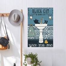 Funny Cat Bathroom Canvas Wall Art Black Cat Wash Your Paws Posters Vintage Bathtub Cat Prints Painting Cute Animal Artwork Wall Decor For Bathroom Restroom Toilet Farmhouse