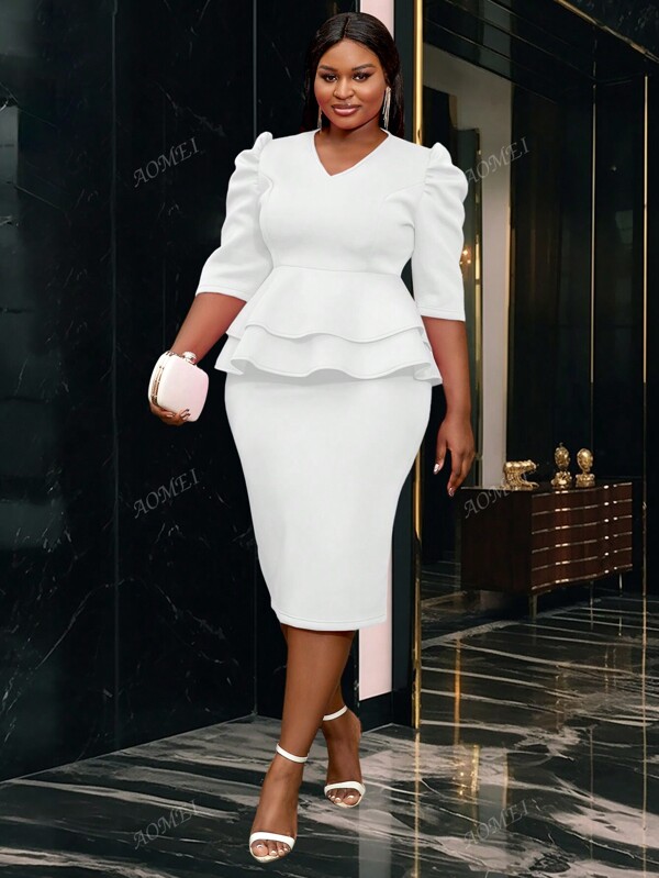 Plus Size Spring White Easter V Neck Half Sleeve Tummy Hiding Peplum Birthday Wedding Party Graduation Outfit White Dress For Women Valentine's Day