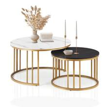CLIPOP Round Nesting Coffee Table Set Of 2 For Living Room With Marble Effect, Stacking End Side Table With Golden Metal Frame, Sofa Tea Table For Small Space - White - View 1