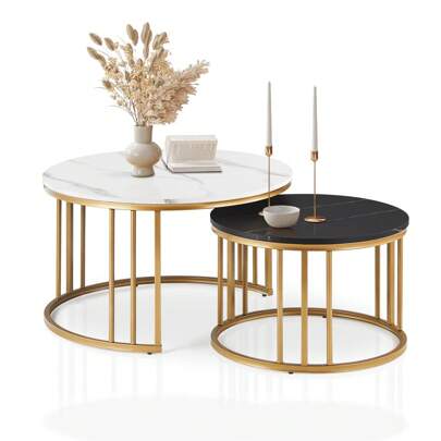CLIPOP Round Nesting Coffee Table Set Of 2 For Living Room With Marble Effect, Stacking End Side Table With Golden Metal Frame, Sofa Tea Table For Small Space