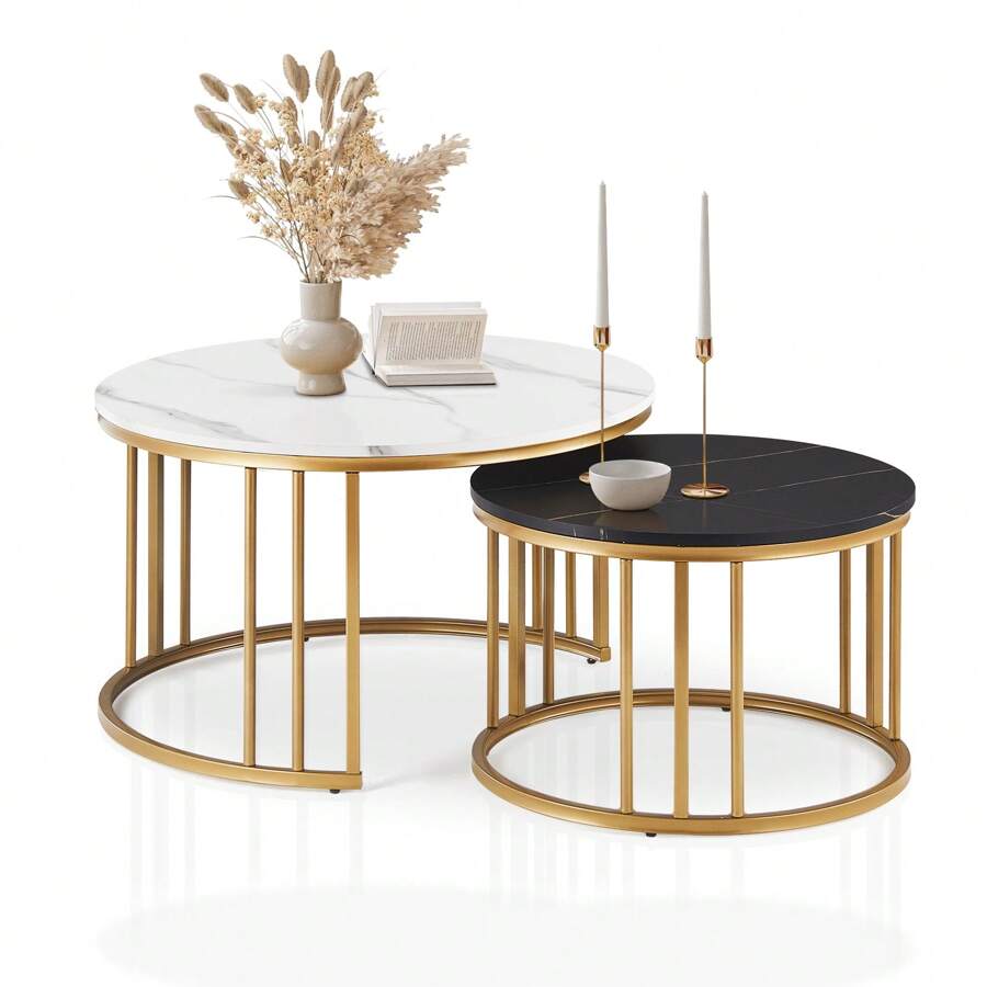 CLIPOP Round Nesting Coffee Table Set Of 2 For Living Room With Marble Effect, Stacking End Side Table With Golden Metal Frame, Sofa Tea Table For Small Space - White - View 1