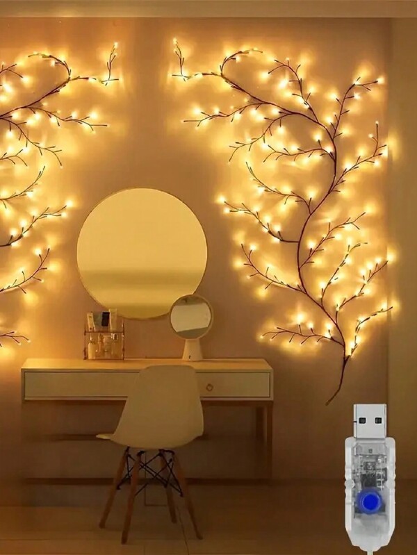 1PC 96 LED Willow Vine Light 1,8 m/5,9 pés, decoração de jardim de hotel ao ar livre, 8 modos de iluminação, luzes de fada, luzes de guirlanda DIY alimentadas por USB, decoração de parede de escada para casa e aniversário