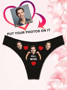 1pc Valentine's Day Customized Boyfriend/Husband Portrait & English Letter Print Sexy G-String Panties For Women, Stretchy And Lifting, Holiday Gift - Black - View 3