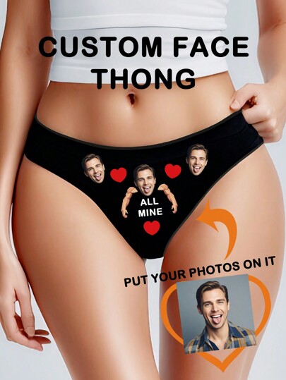 1pc Valentine's Day Customized Boyfriend/Husband Portrait & English Letter Print Sexy G-String Panties For Women, Stretchy And Lifting, Holiday Gift
