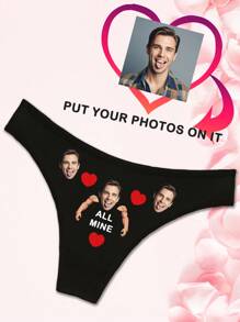 1pc Valentine's Day Customized Boyfriend/Husband Portrait & English Letter Print Sexy G-String Panties For Women, Stretchy And Lifting, Holiday Gift - Black - View 5