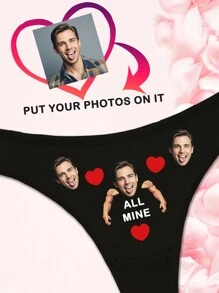 1pc Valentine's Day Customized Boyfriend/Husband Portrait & English Letter Print Sexy G-String Panties For Women, Stretchy And Lifting, Holiday Gift - Black - View 4