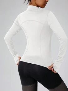 Women's Solid Color Zipper Long Sleeve Athletic Jacket, Form-Fitting Thumb Hole Cuff, Fitness Yoga Running Sportswear