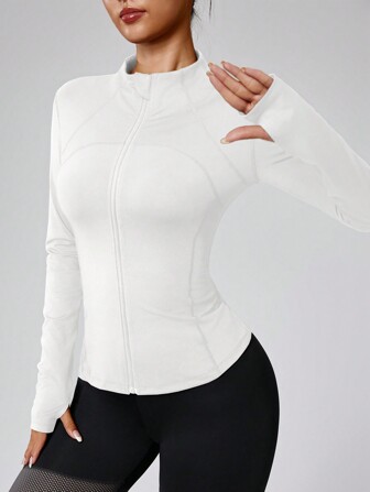 Women's Solid Color Zipper Long Sleeve Athletic Jacket, Form-Fitting Thumb Hole Cuff, Fitness Yoga Running Sportswear