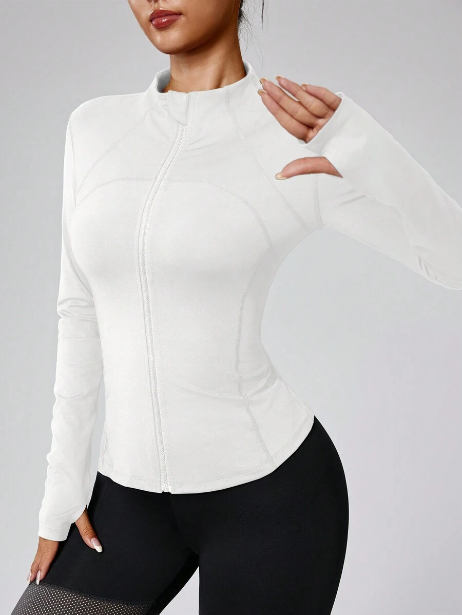 Women's Solid Color Zipper Long Sleeve Athletic Jacket, Form-Fitting Thumb Hole Cuff, Fitness Yoga Running Sportswear
