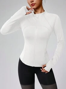 Women's Solid Color Zipper Long Sleeve Athletic Jacket, Form-Fitting Thumb Hole Cuff, Fitness Yoga Running Sportswear