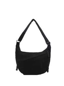1pc Solid Color Corduroy Crescent Canvas Bag, Minimalist Lightweight Foldable Canvas Bag With Multi-Pockets, Zipper Closure Shoulder Bag, Suitable For Summer Casual, Commuting, Sports, College Style, Street Style And Travel - Black - View 8