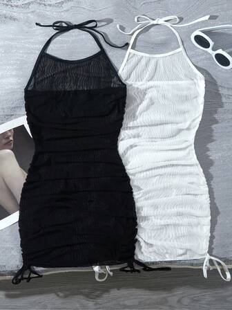 Latest Matching Sister Set Summer Beach Vacation Party Travel Essentials Sunscreen Hooded Cover Up Dress With Drawstring, Black & White, 2pcs/Set