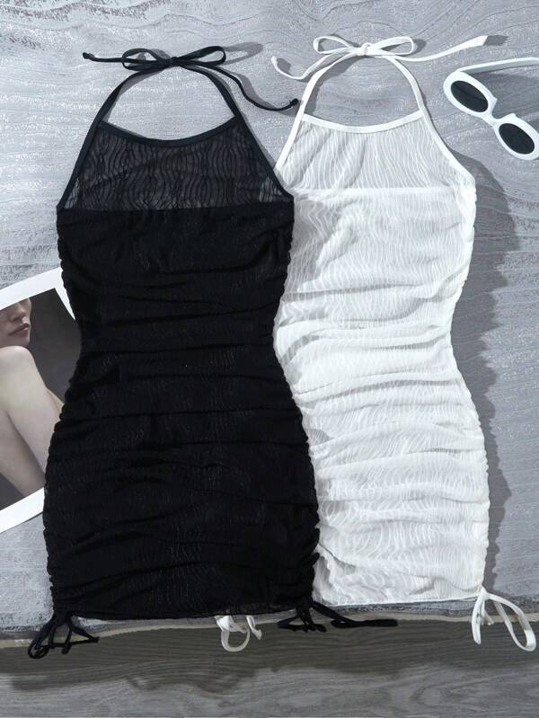 Último Conjunto de Irmãs Combinando Essenciais para Praia, Férias, Festa, Viagem, Protetor Solar, Vestido com Capuz e Cordão, Preto e Branco, 2 peças/Conjunto