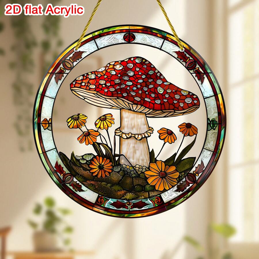 1pc Acrylic Mushroom Light Catcher - 5.9"X5.9" Stained Glass Window Hanging, Autumn And Christmas Decoration, Perfect Gift For Home And Garden - Multicolor - View 1
