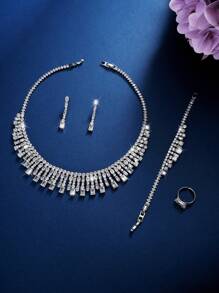 5pcs Set Luxury Square Cubic Zirconia Jewelry Set With Shiny Tassel, Including Necklace, Earrings, Ring, Bracelet, Suitable For Women, Wedding, Party, Birthday, Formal Dress Accessories