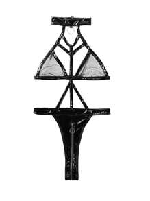 Lencería sexy de una pieza con cordón de tres puntos patentado y malla para damas