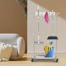 Broom And Mop Holder Cleaning Supplies Organizer Mop Organizer Height Adjustable 34.3-51.2in Freestanding Broom Holder W/4 Lockable Universal Wheels 5 Slots 6 Hooks For Home Restaurant Hotel