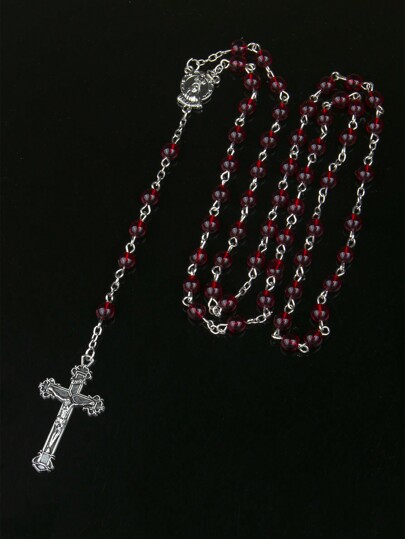1 pieza Collar con cruz de la Virgen María hecho a mano con cuentas de vidrio burdeos elegante de alta calidad, estilo europeo y americano, adecuado para uso diario unisex