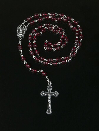 1 Stück hochwertiger eleganter handgemachter Jungfrau Maria Kreuz Halskette mit burgunderfarbenen Glasperlen im Stil von Europa und Amerika, unisex geeignet für den täglichen Gebrauch