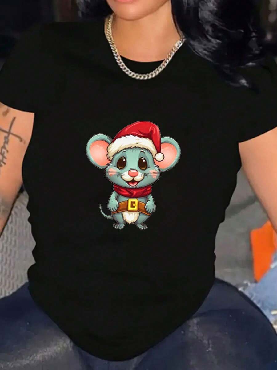 Women Cute And Charming Christmas Mouse Graphic Tee Short Sleeve T-Shirt Crew Neck Shirt Casual Comfy Tees For Daily Wear