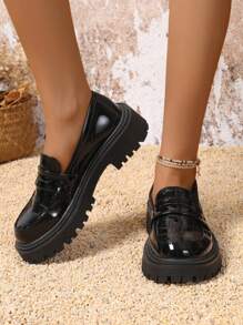 全新厚底厚底黑色尖头坡跟乐福鞋，系带牛津风格粗跟低跟蝴蝶结一脚蹬休闲鞋，适合女士，秋季/春季 - 黑色 - 查看 4