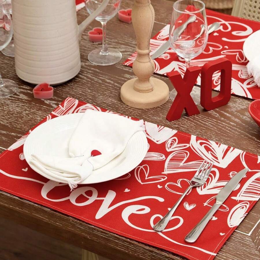 1 Pc/4 Pcs Heart-Shaped Red Linen Placemats, 12"X18" Seasonal Kitchen Table Decor, Wedding Party Decoration, Home Decorations - Red - View 1
