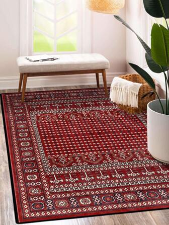 1pc Red Vintage Bohemian Style Carpet, Polyester Fiber Machine Washable Non-Shedding Easy Care Home Decor Rug, Suitable For Living Room Sofa, Bedroom, Office Desk, Dining Room Kitchen, Bedside, Entryway, Outdoor Camping, Room Decor Area