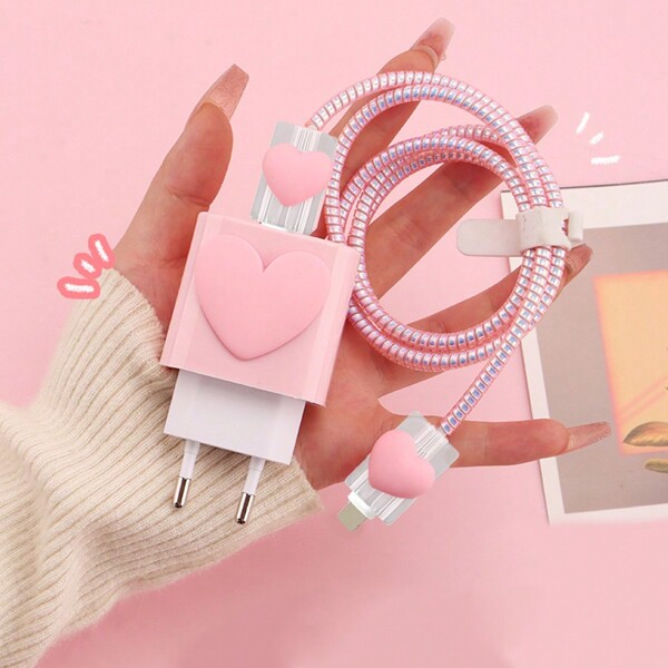 5pcs/Set Heart-Shaped Rotating Stress Relief Data Cable Protector, Compatible With Samsung 25W Charger, Scratch-Resistant, Anti-Breakage, Dirt-Resistant Case Cover