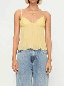 Women's Pleated Camisole Mini Bowknot Front Spaghetti Strap V-Neck Lace Cropped Tops